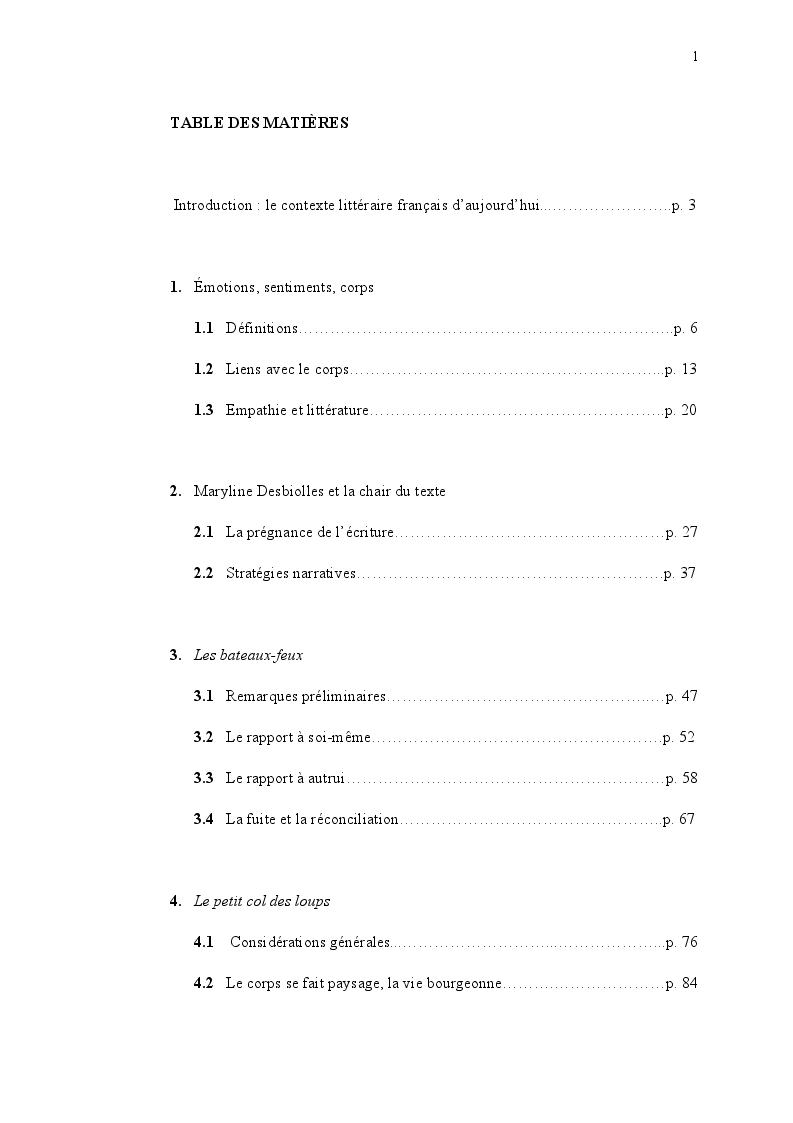 Indice della tesi: Le corps et les sentiments dans l'univers romanesque de Maryline Desbiolles, Pagina 1