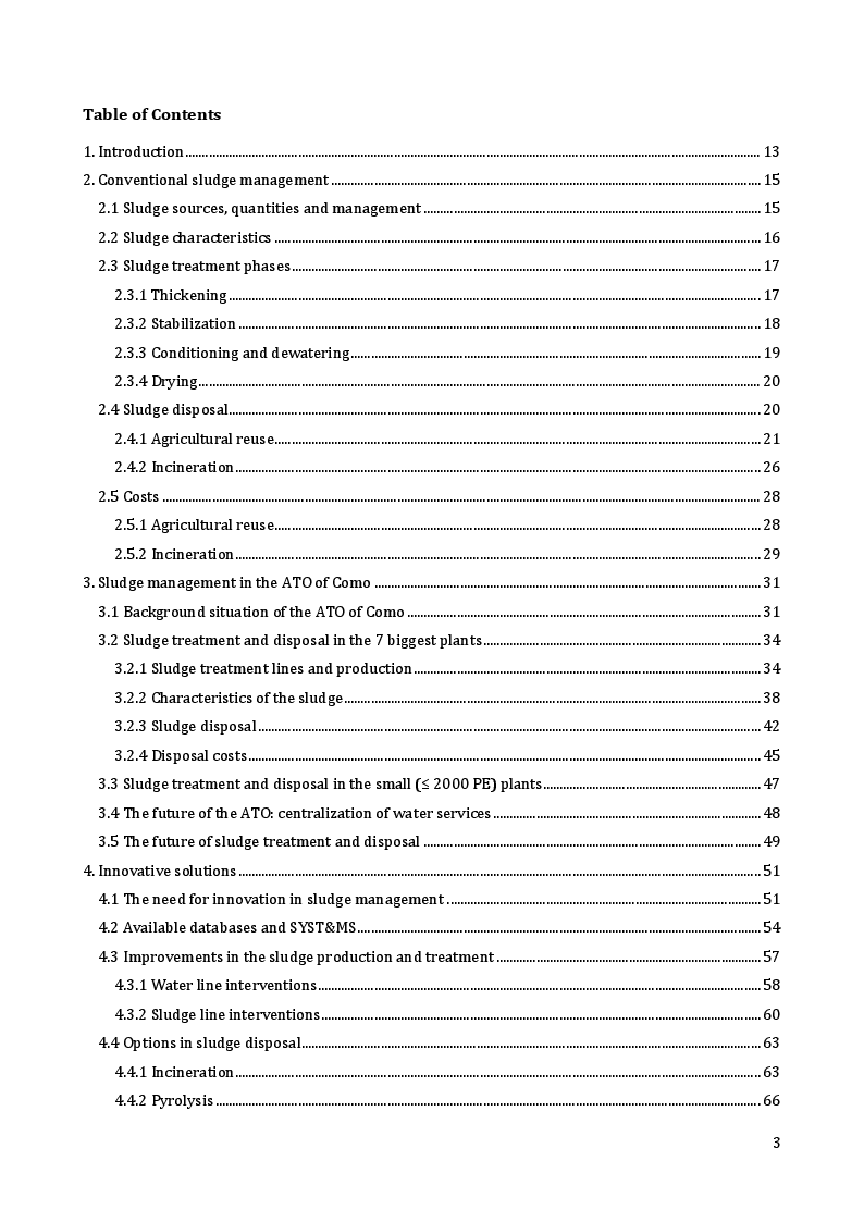 Indice della tesi: Optimization of the treatment and disposal of sewage sludge in the ATO of Como: options and scenarios assessment., Pagina 1