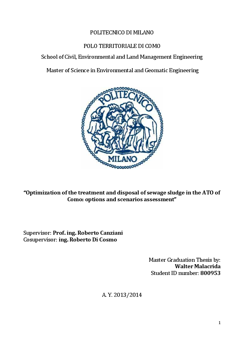 Anteprima della tesi: Optimization of the treatment and disposal of sewage sludge in the ATO of Como: options and scenarios assessment., Pagina 1
