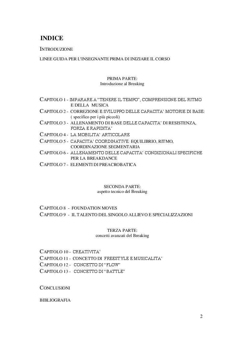 Indice della tesi: Metodologia generale dell'insegnamento della Breakdance, Pagina 1
