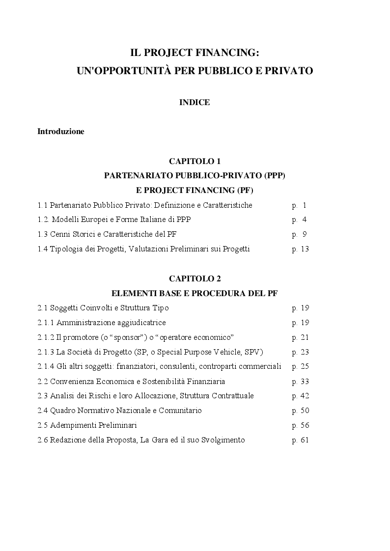 Indice della tesi: Il Project Financing: un'opportunità per pubblico e privato, Pagina 1
