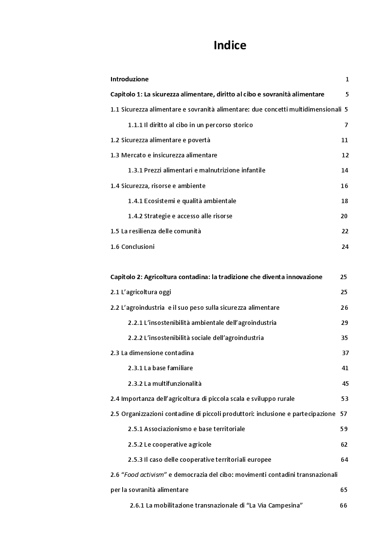Indice della tesi: La riemersione del modello contadino come strumento per la lotta all'insicurezza alimentare. La via agroecologica latinoamericana: organizzazione ''campesina'', partecipazione e qualità., Pagina 1