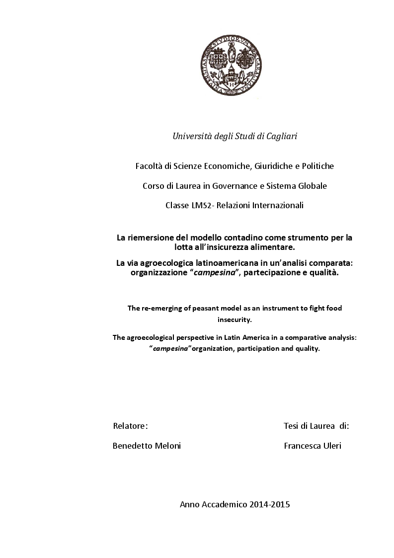Anteprima della tesi: La riemersione del modello contadino come strumento per la lotta all'insicurezza alimentare. La via agroecologica latinoamericana: organizzazione ''campesina'', partecipazione e qualità., Pagina 1