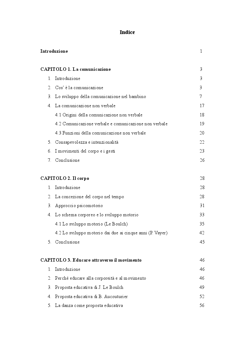 Indice della tesi: Corpo e comunicazione alla Scuola dell'Infanzia, Pagina 1