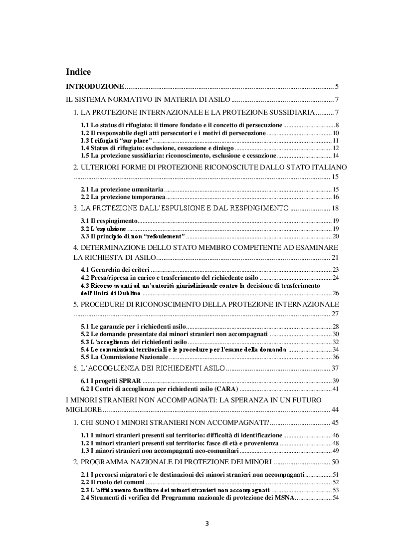 Indice della tesi: Tra speranza e realtà. Il futuro dei minori stranieri non accompagnati richiedenti asilo, Pagina 1