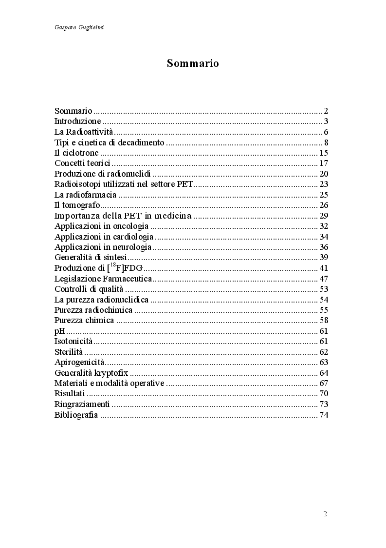 Indice della tesi: Sintesi 18F-FDG alla luce delle nuove norme: convalida di un controllo qualità, Pagina 1