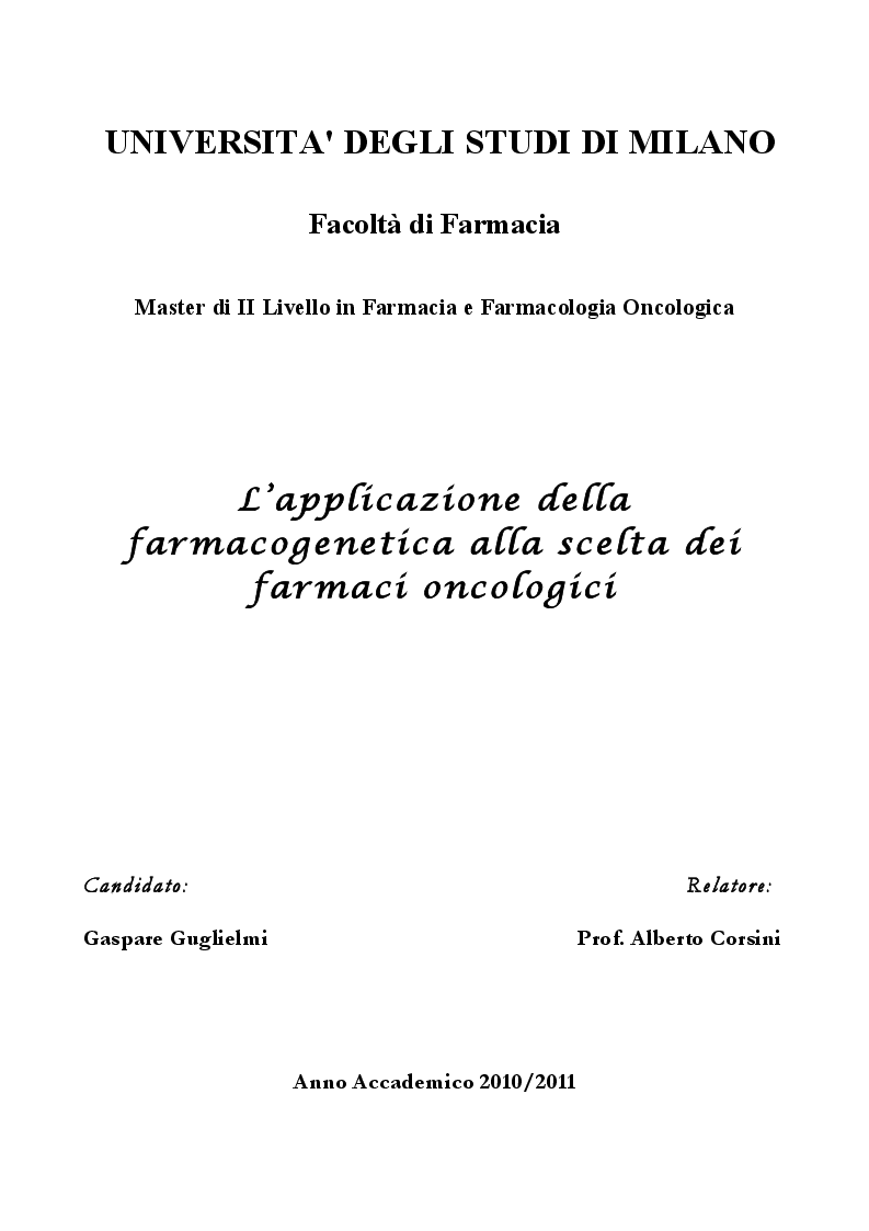 Anteprima della tesi: L’applicazione della farmacogenetica alla scelta dei farmaci oncologici, Pagina 1
