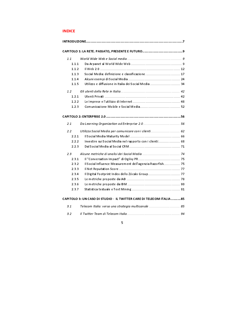 Indice della tesi: Social Media ed Enterprise 2.0 - Il Twitter Care di Telecom Italia, Pagina 1