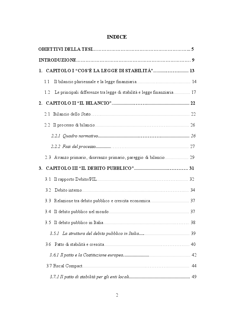 Indice della tesi: Il Patto di Stabilità e i vincoli Europei. La legge di Stabilità 2015 ed alcune soluzioni alternative., Pagina 1