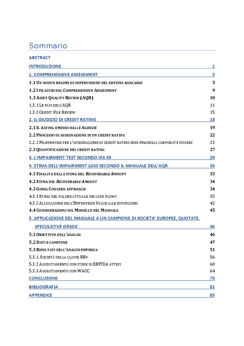 Indice della tesi: Asset Quality Review e IAS 39: una verifica di coerenza, Pagina 1
