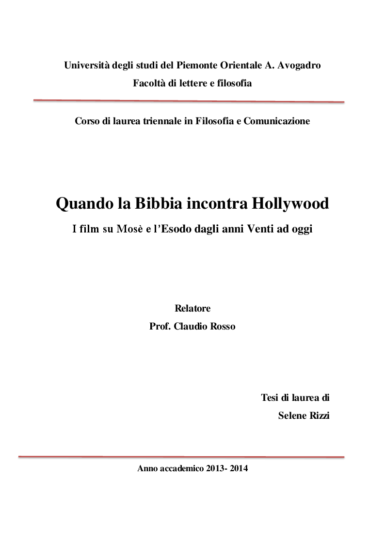 Anteprima della tesi: Quando la Bibbia incontra Hollywood. I film su Mosè e l’Esodo dagli anni Venti ad oggi, Pagina 1