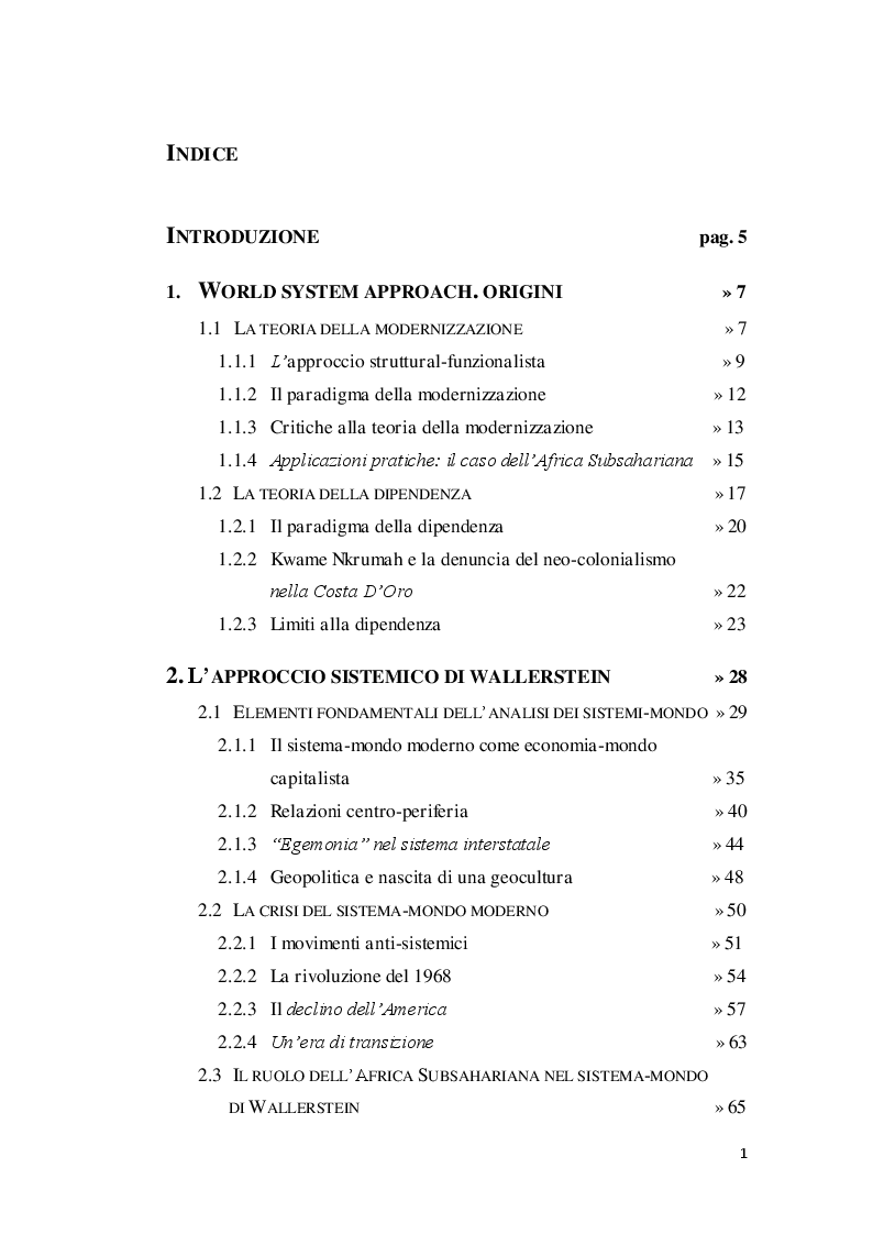Indice della tesi: L'Africa Subsahariana nel sistema-mondo capitalista, Pagina 1