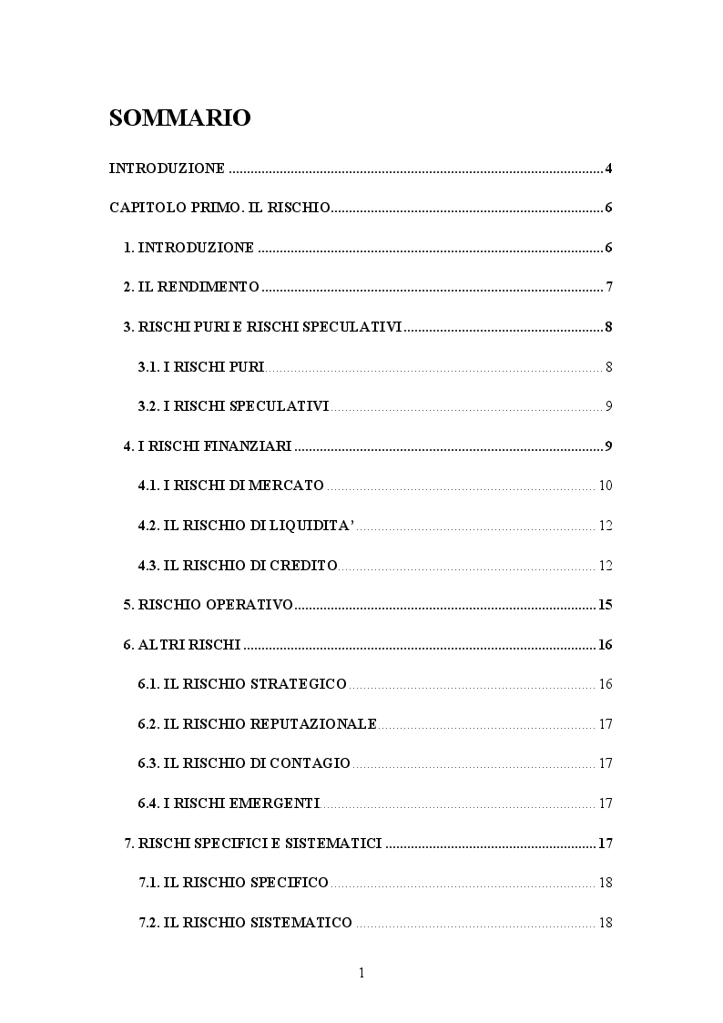 Indice della tesi: Analisi e gestione del rischio d'impresa: misure e strumenti, Pagina 1