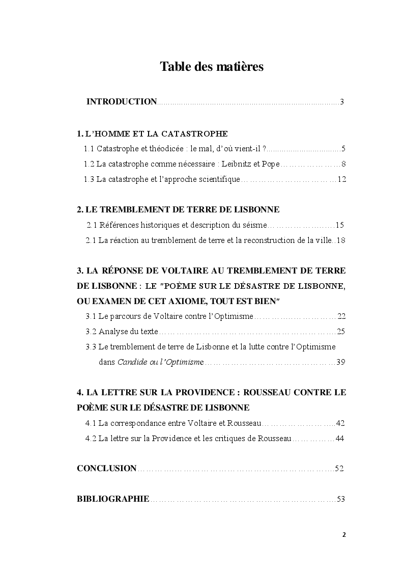 Indice della tesi: Providence et catastrophe: Voltaire vs Rousseau, Pagina 1
