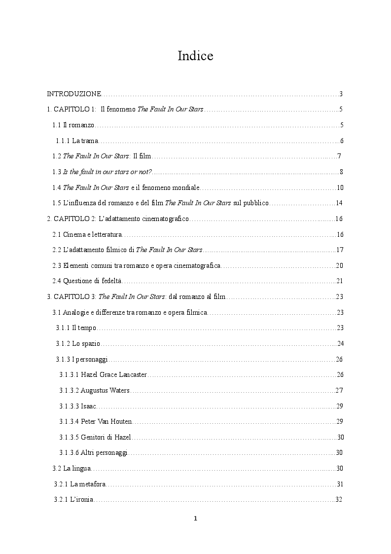Indice della tesi: ''Don't judge a book by its film'': il caso The Fault In Our Stars, Pagina 1