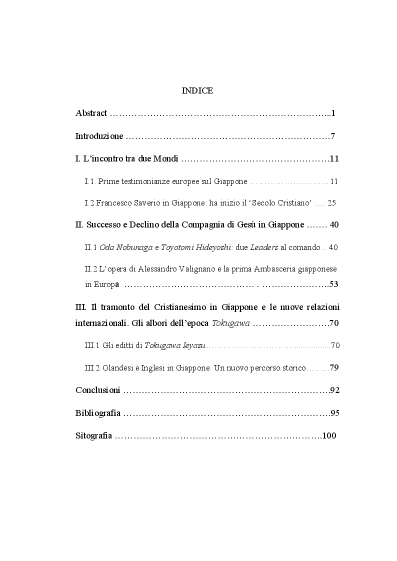 Indice della tesi: Uno sguardo ad Oriente tra il XVI e il XVII secolo. Rapporti tra Occidente e Giappone durante il ‘Secolo Cristiano’ (1549-1650)., Pagina 1