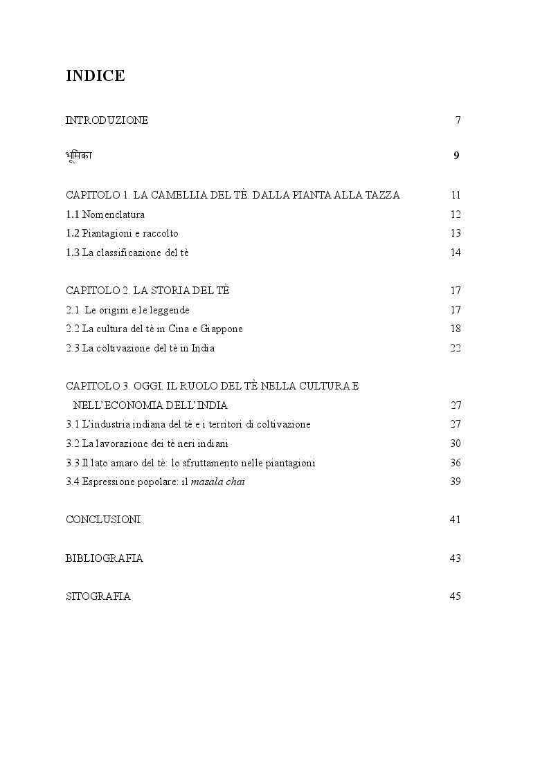 Indice della tesi: L'India del tè. Storia di una pianta e del suo impatto sulla cultura ed economia del Sud Asia, Pagina 1