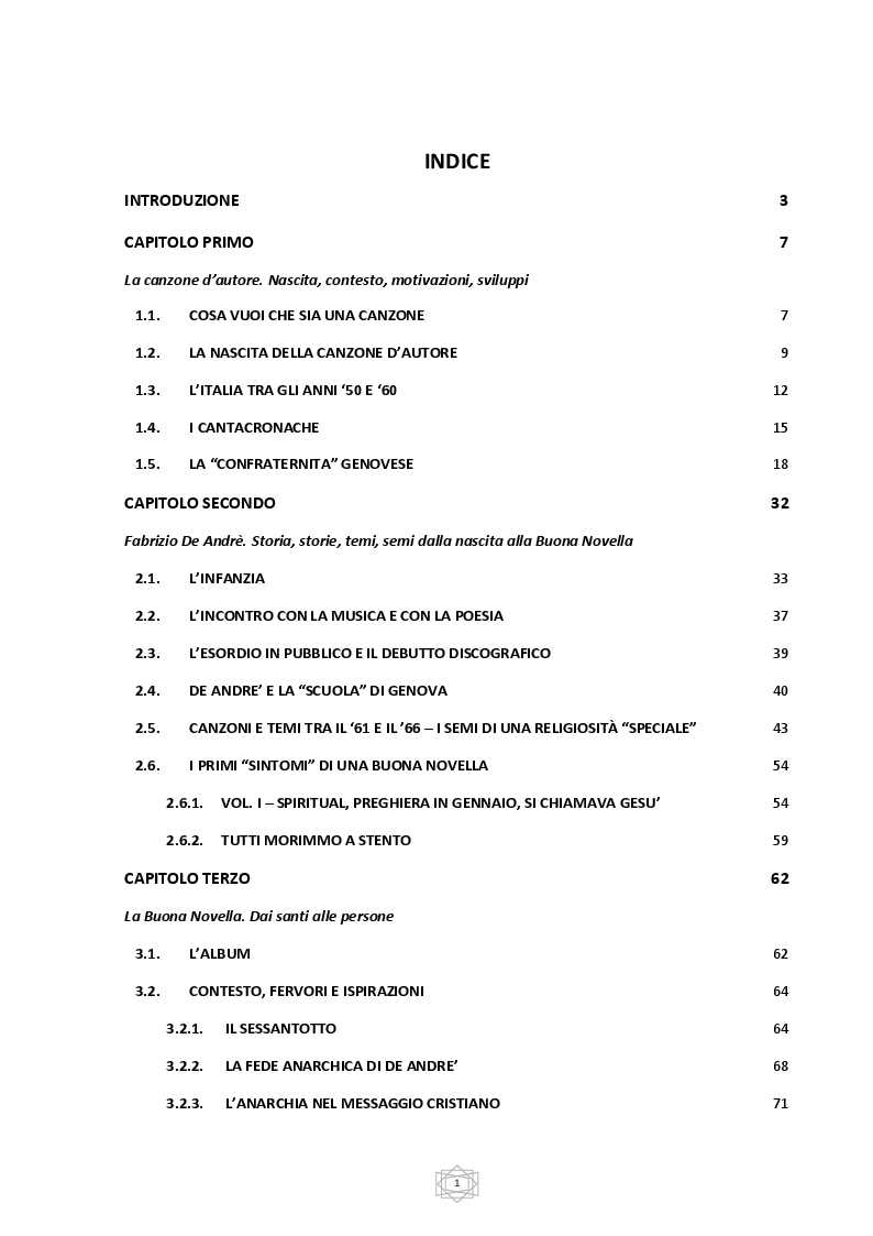 Indice della tesi: La Buona Novella. La canzone d'autore tra fede e anarchia, Pagina 1