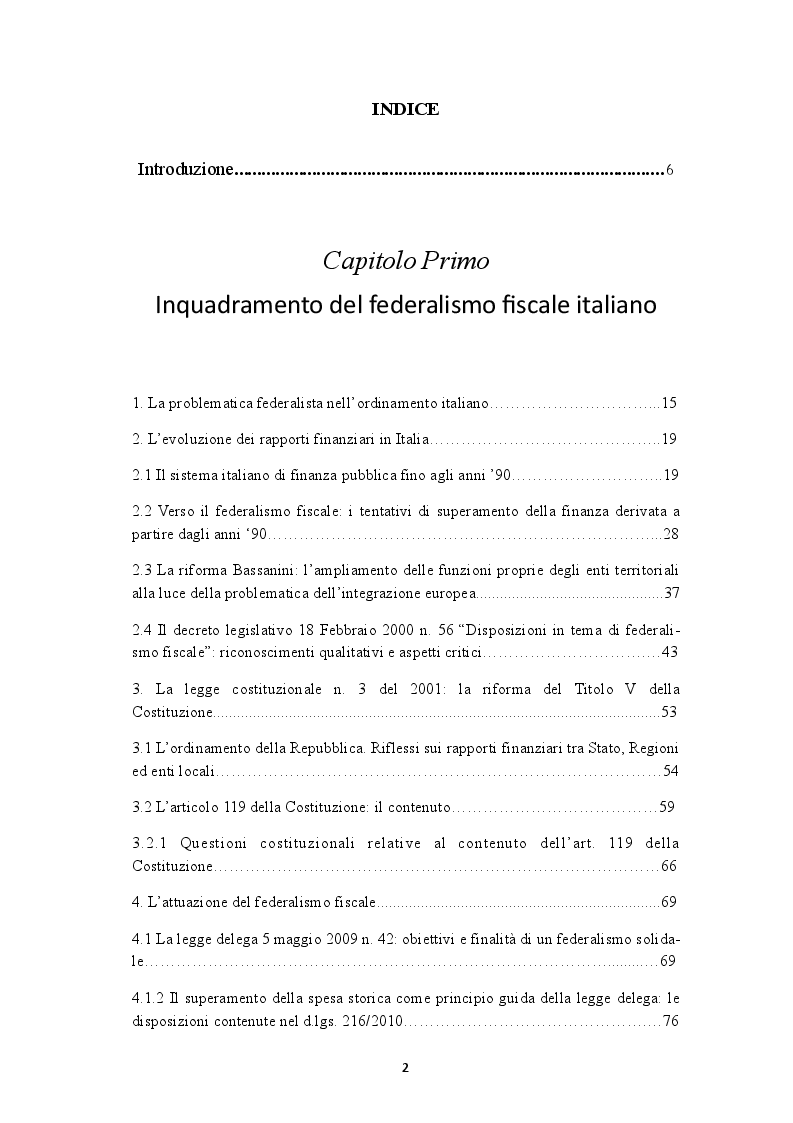 Indice della tesi: I fabbisogni standard nell'impianto del federalismo fiscale e nella spending review, Pagina 1