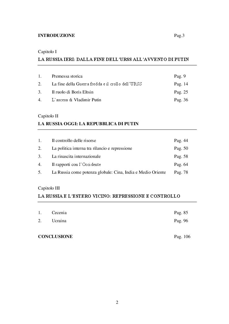 Indice della tesi: Il putinismo e il ruolo della Russia del mondo post-bipolare, Pagina 1