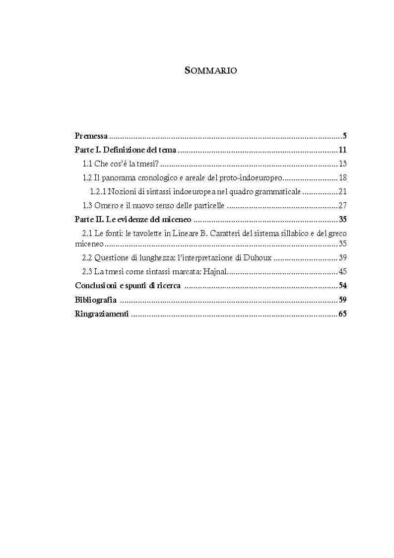 Indice della tesi: 'Tmesi' fra indoeuropeo, miceneo e greco omerico, Pagina 1