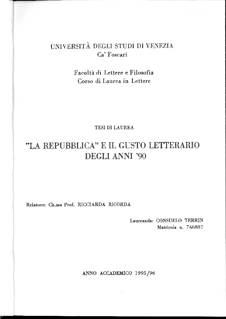 Anteprima della tesi: La Repubblica e il gusto letterario degli anni '90, Pagina 1