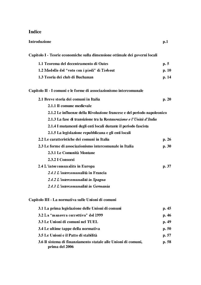 Indice della tesi: L'Unione dei comuni. Il caso della Lombardia, Pagina 1