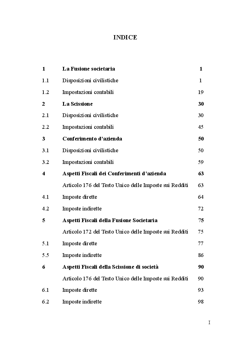 Indice della tesi: Aspetti economico-aziendali e fiscali delle operazioni straordinarie d'impresa, Pagina 1
