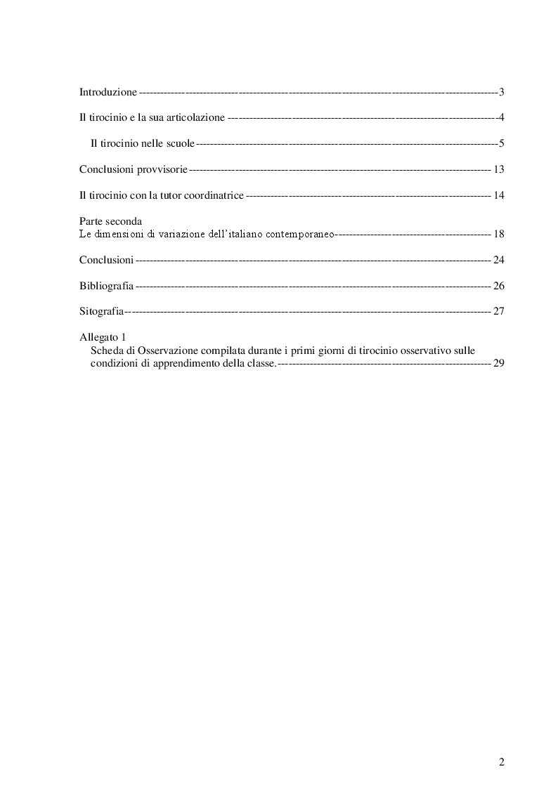 Indice della tesi: Tirocinio formativo attivo. Relazione finale., Pagina 1