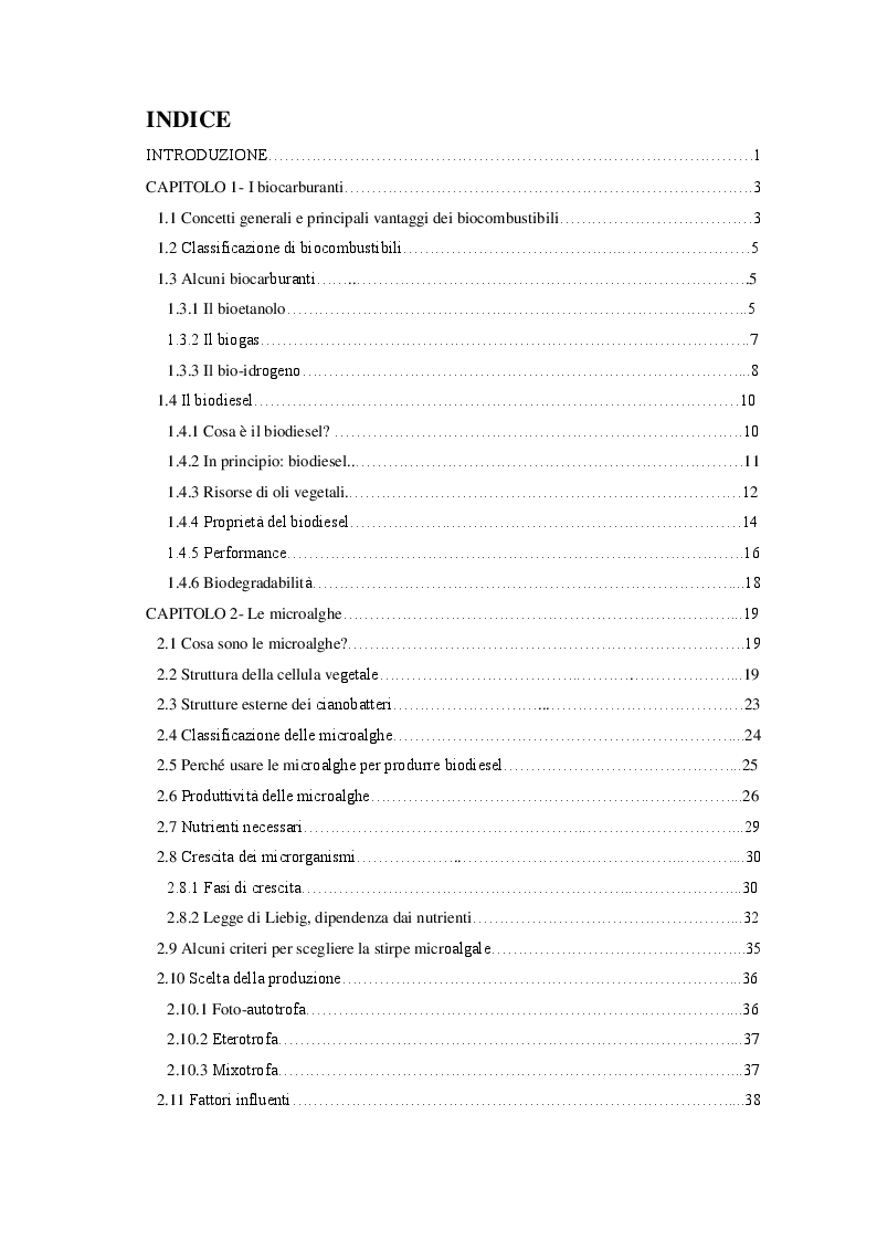 Indice della tesi: Produzione di biodiesel da microalghe, Pagina 1