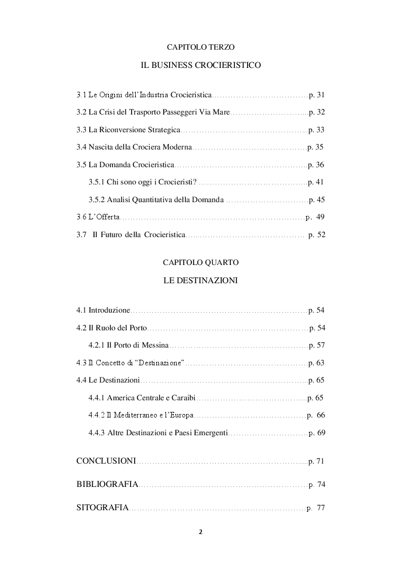 Indice della tesi: L'impresa turistica itinerante: Il settore crocieristico. Struttura e turismo indotto., Pagina 2