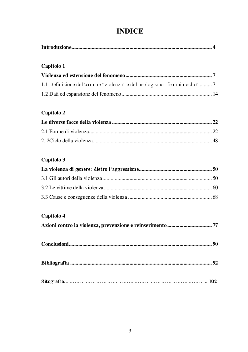 Indice della tesi: Femminicidio: quando il maltrattamento ti calpesta l'anima, Pagina 1