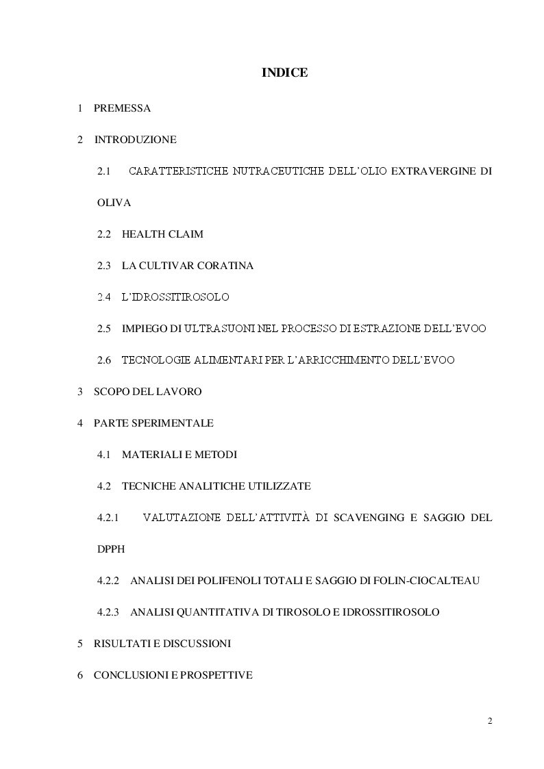 Indice della tesi: Idrossitirosolo e polifenoli totali in oli EVO (extravergine di oliva): valutazione dell’attività antiossidante, Pagina 1