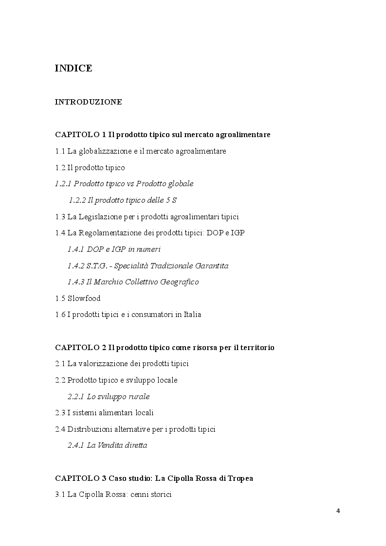 Indice della tesi: La valorizzazione dei “prodotti tipici” il caso della cipolla rossa di Tropea: sviluppo economico e condizione femminile, Pagina 1