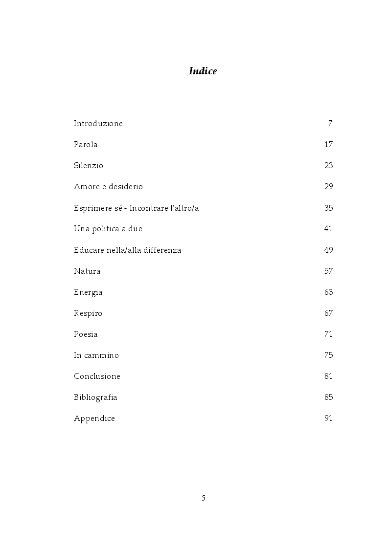 Indice della tesi: La filosofia di Luce Irigaray come pedagogia dell'espressione, Pagina 1