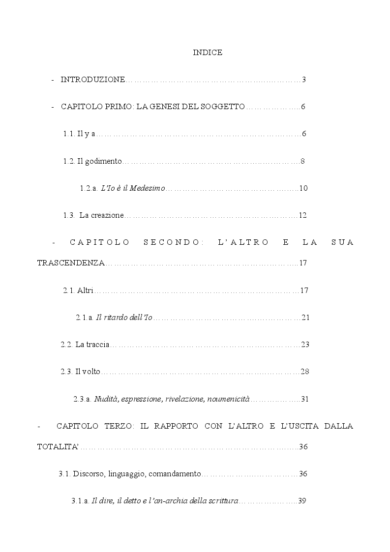 Indice della tesi: Il rapporto con l'alterità nel pensiero di Emanuel Lèvinas, Pagina 1