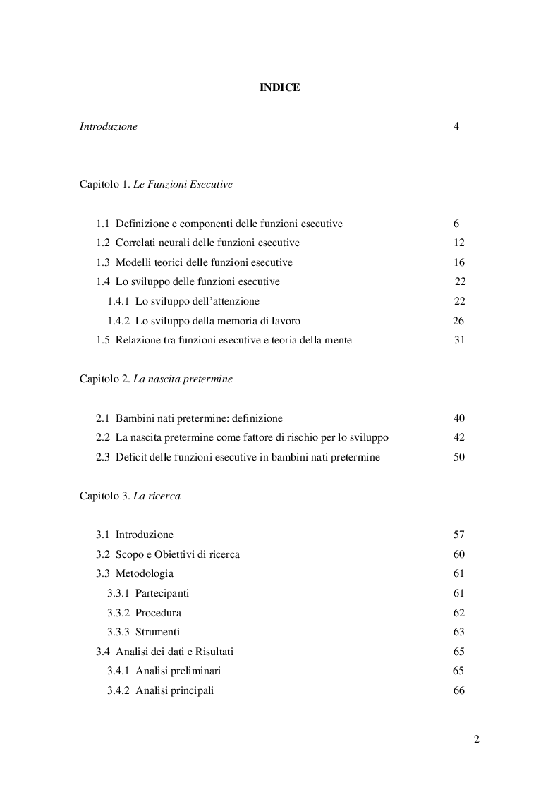 Indice della tesi: Effetti della prematurità sull'attenzione, sulla memoria di lavoro e sulla teoria della mente in età prescolare, Pagina 1