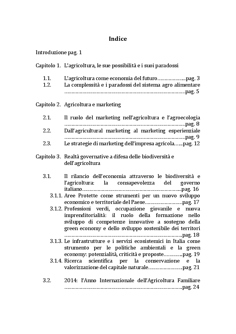 Indice della tesi: Comunicazione e marketing delle imprese agricole - La territorialità come strumento di crescita economica, Pagina 1