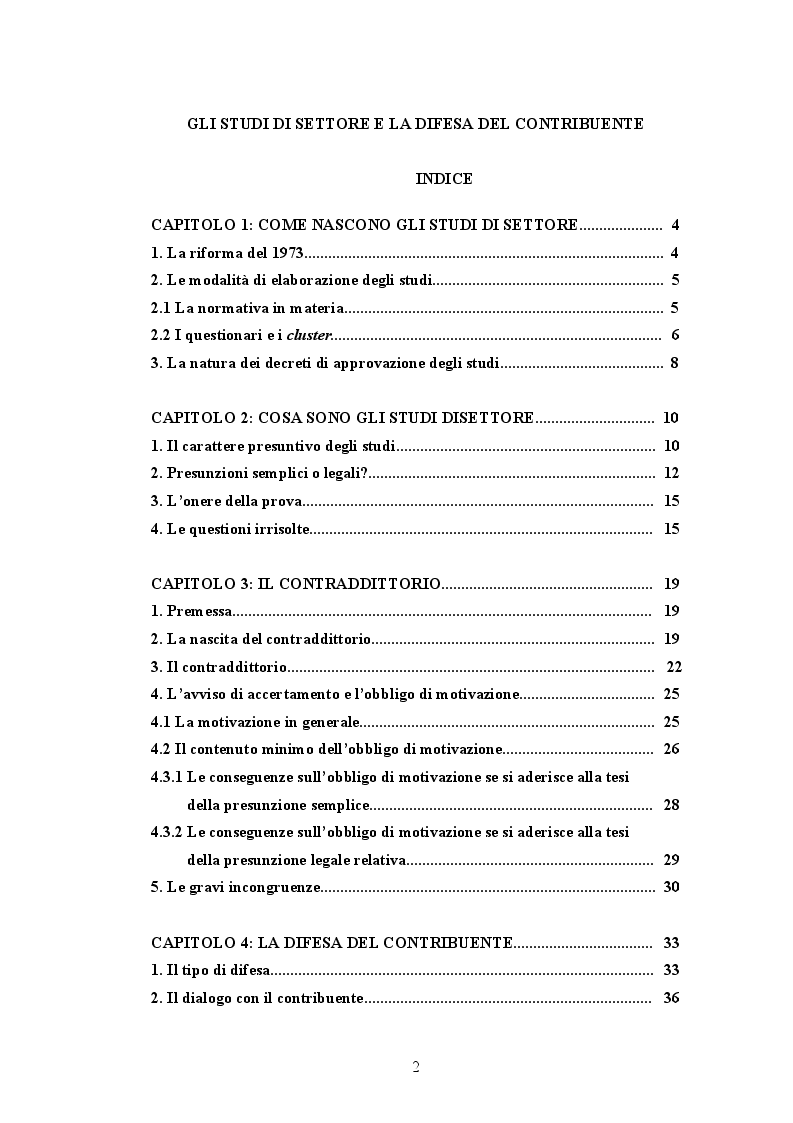 Indice della tesi: Gli studi di settore e la difesa del contribuente, Pagina 1