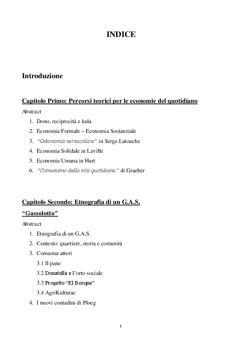 Indice della tesi: ''GASSOLOTTO: Etnografia di un Gruppo d'Acquisto Solidale'' Riflessioni antropologiche sulle reti di economia umana, Pagina 1