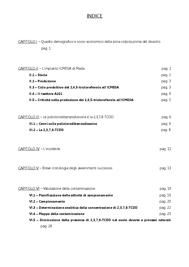 Indice della tesi: Il disastro di Seveso: contaminazione e interventi di ripristino ambientale, Pagina 1