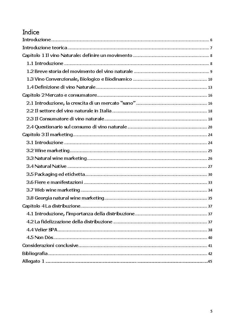 Indice della tesi: Vino Naturale: il mercato, la distribuzione e il marketing. , Pagina 1