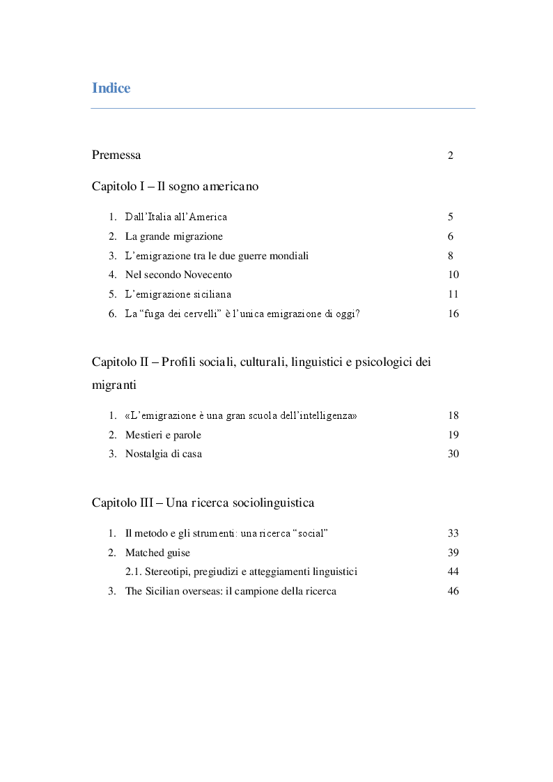 Indice della tesi: It makes me happy. Una ricerca sociolinguistica tra i siculo-americani degli Stati Uniti, Pagina 1