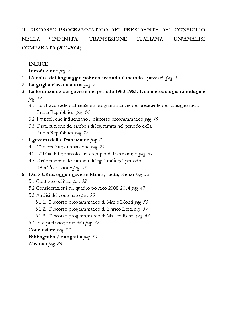 Indice della tesi: Il discorso programmatico del presidente del consiglio nella "infinita" transizione italiana. Un'analisi comparata (2011-2014), Pagina 1