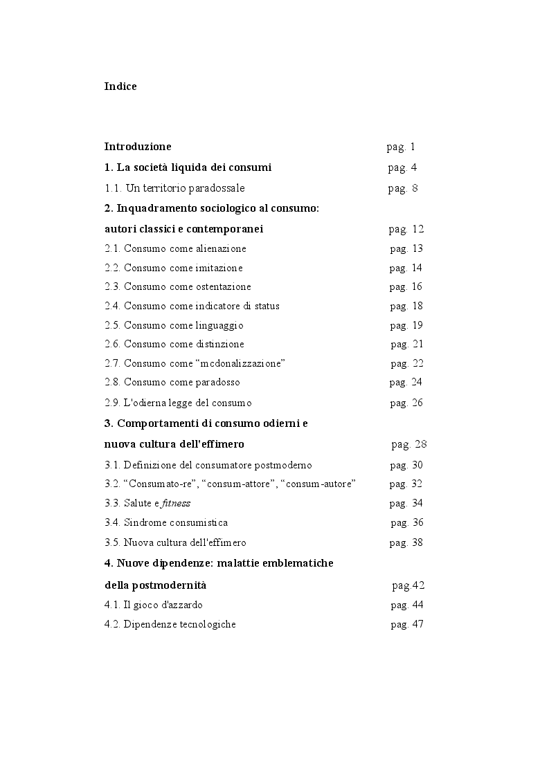 Indice della tesi: Consumo e postmodernità: la nuova cultura dell'effimero, Pagina 1