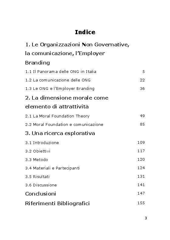 Indice della tesi: Comunicazione e Attrattività delle ONG. Una esplorazione sui fondamenti morali, Pagina 1