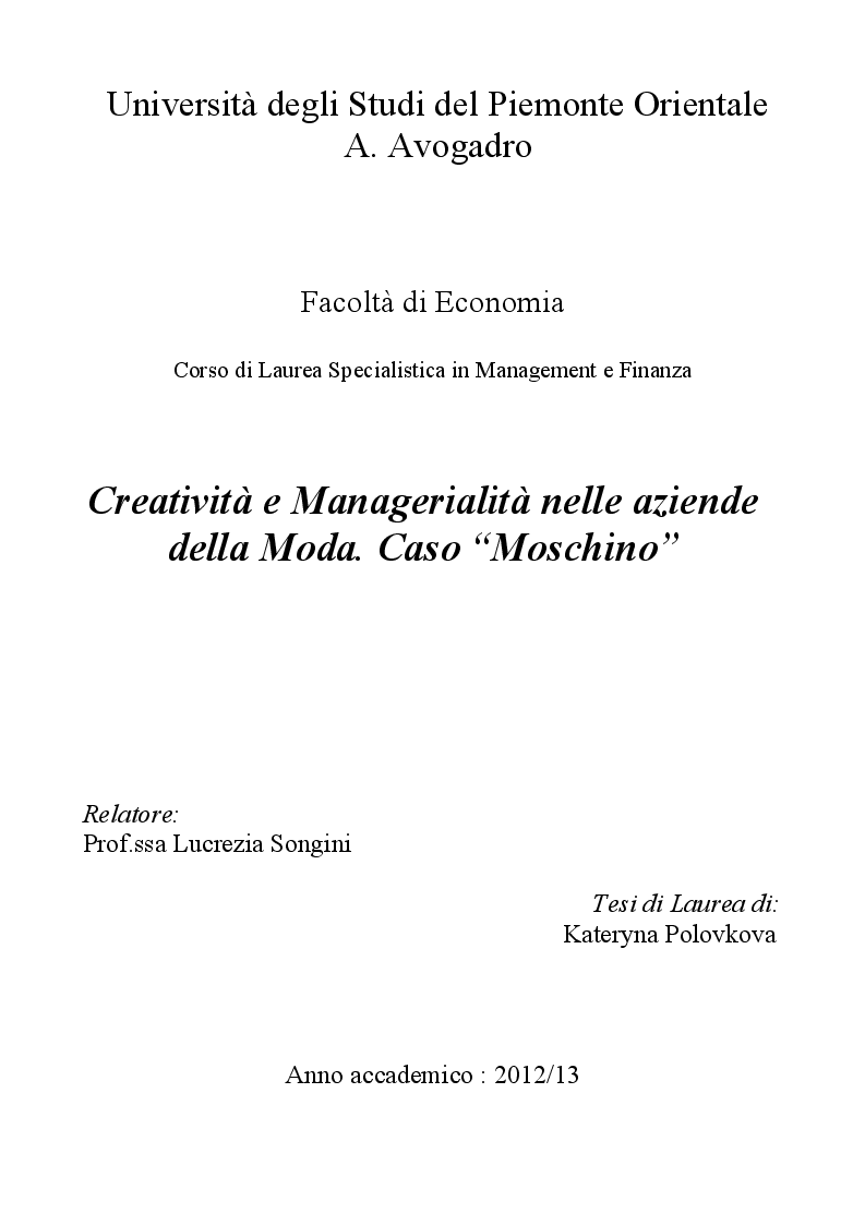 Anteprima della tesi: Creatività e Managerialità nelle aziende della Moda. Caso “Moschino”, Pagina 1