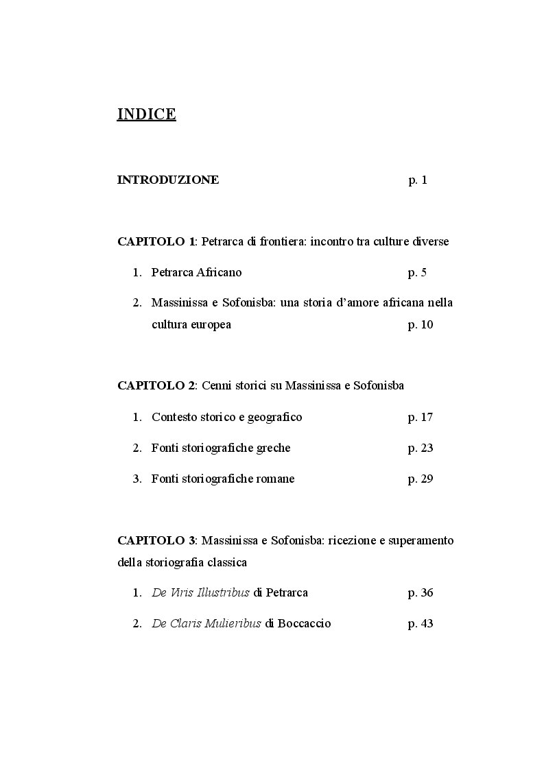 Indice della tesi: Massinissa e Sofonisba nell'opera petrarchesca. Incontro tra culture diverse., Pagina 1
