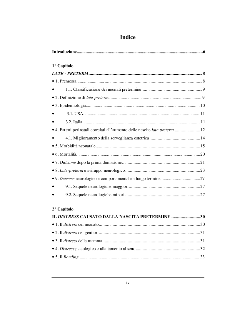 Indice della tesi: Il ruolo della care personalizzata nella promozione dello sviluppo psicomotrio del neonato Late-Preterm, Pagina 1