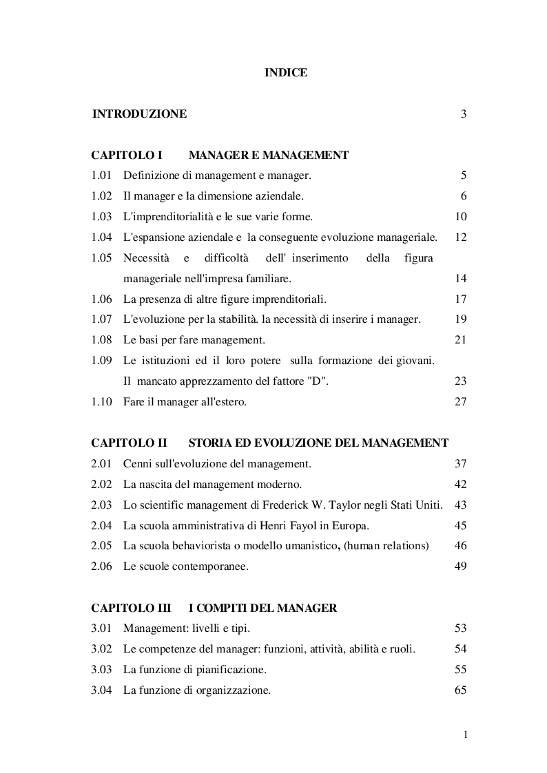 Indice della tesi: Evoluzione del Management e relative metodologie di formazione, Pagina 1